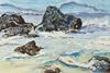 watercolor, wax resist, painting, Gallapagos landscape seascape